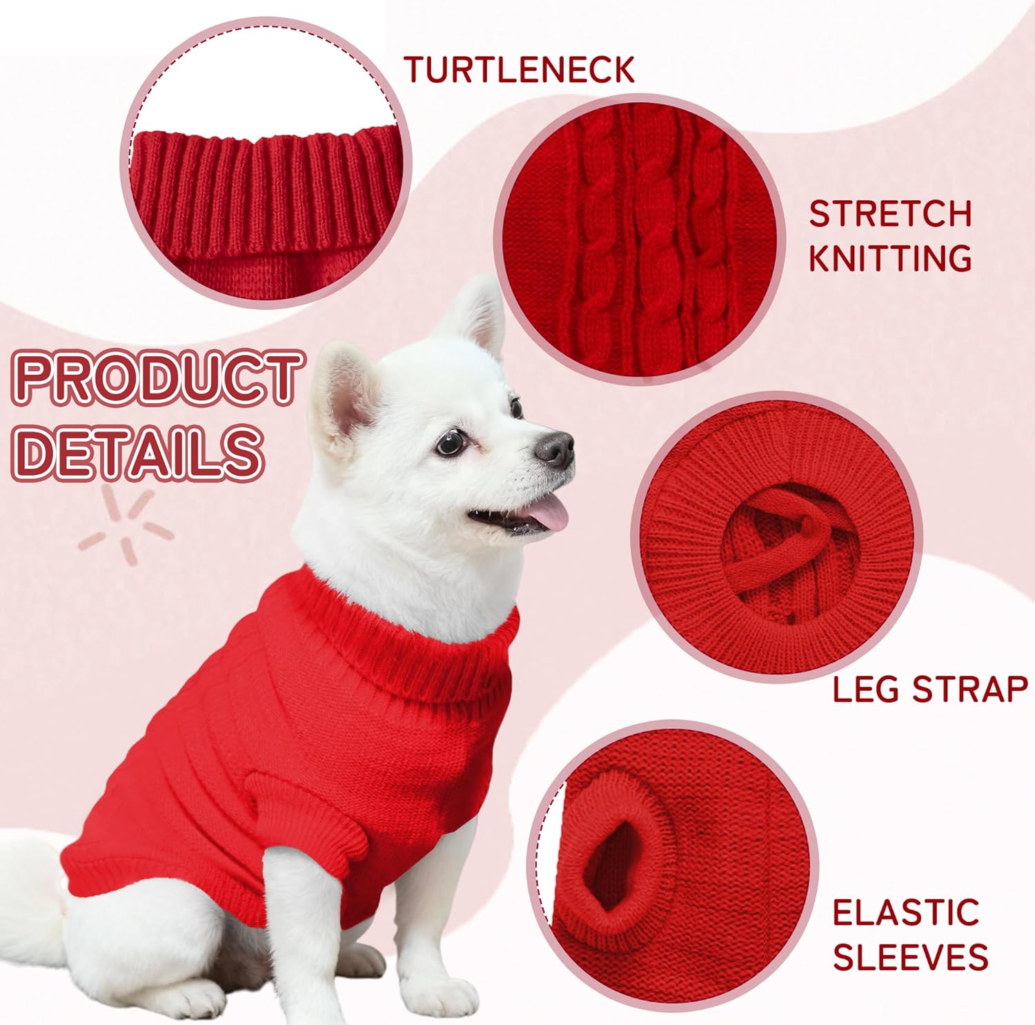 Knitted Dog Sweater for Small Dogs, Pullover Turtleneck Pet Sweaters, Winter Dog Clothes, Warm Soft Winter Holiday Cat Sweater, Red, XS